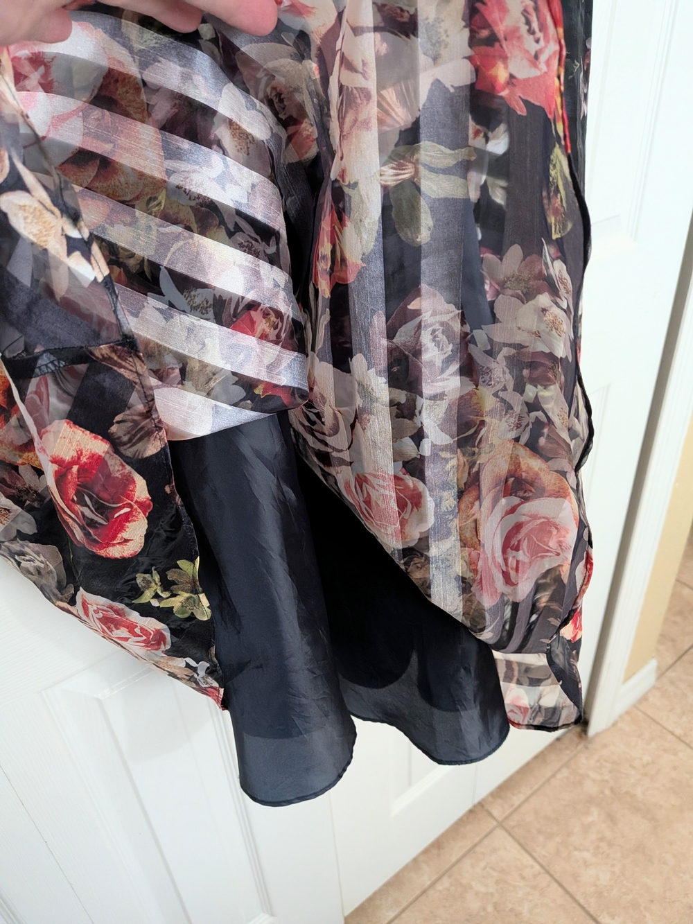 Navy Blue Floral Satin Belt Dress - Picture 3 of 11
